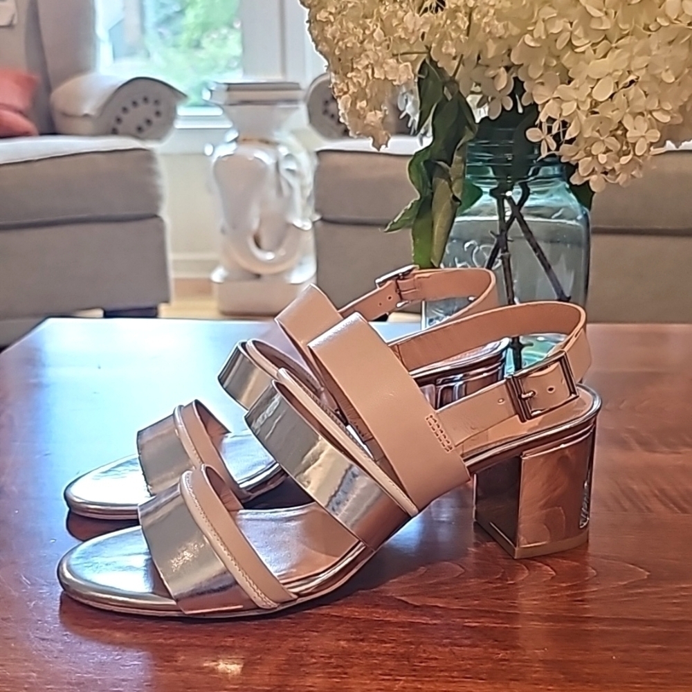 What For Leather Silver & Blush Chucked Strap Heels - Picture 13 of 13